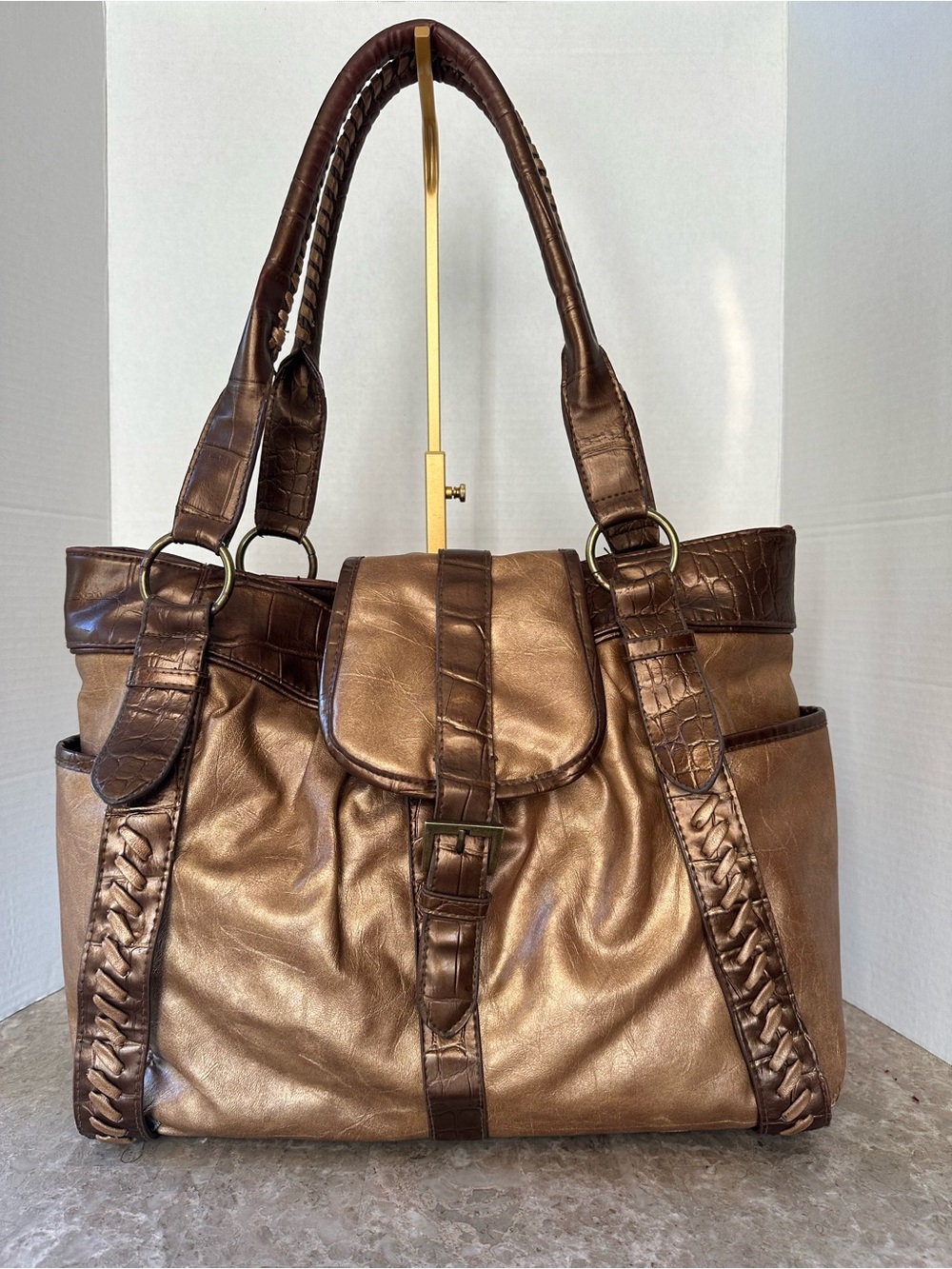 Vintage Coldwater Creek Metallic Bronze Croc Whipstitch Slouchy Tote Autumn Bag